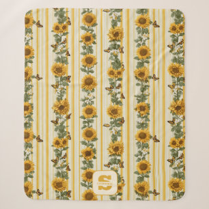 Sunflowers and Butterflies on Yellow Stripes Sherpa Blanket