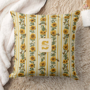 Sunflowers and Butterflies on Yellow Stripes Throw Pillow
