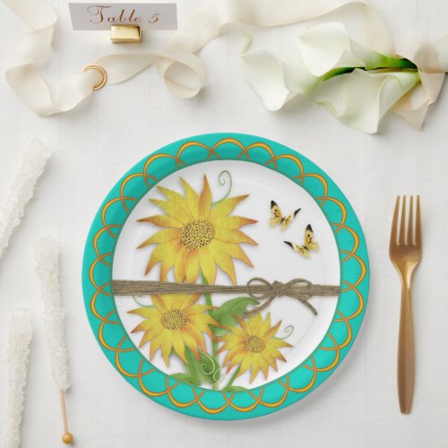 Sunflowers and Butterflies Scalloped Border Paper Plates