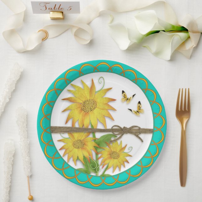 Sunflowers and Butterflies Scalloped Border Paper Plates (Wedding)