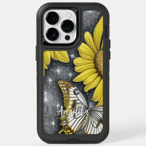 Sunflowers and Butterfly Personalized Name Sherpa OtterBox iPhone 14 Pro Max Case