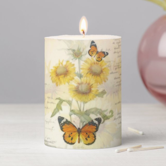 Sunflowers and butterfly  pillar candle (In Situ)