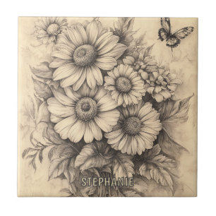 Sunflowers and Butterfly - Rustic Aged Paper Ceramic Tile