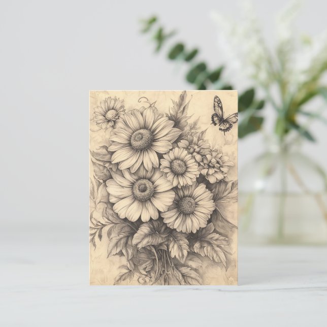 Sunflowers and Butterfly - Rustic Aged Paper Postcard (Standing Front)