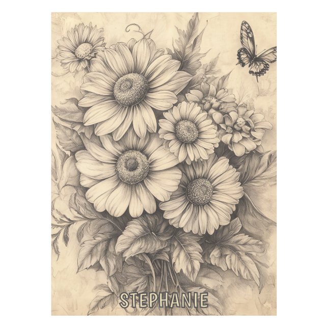 Sunflowers and Butterfly - Rustic Aged Paper Tablecloth (Front)