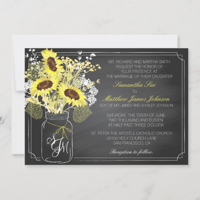 Sunflowers and Chalkboard Wedding Invitation Card (Front)