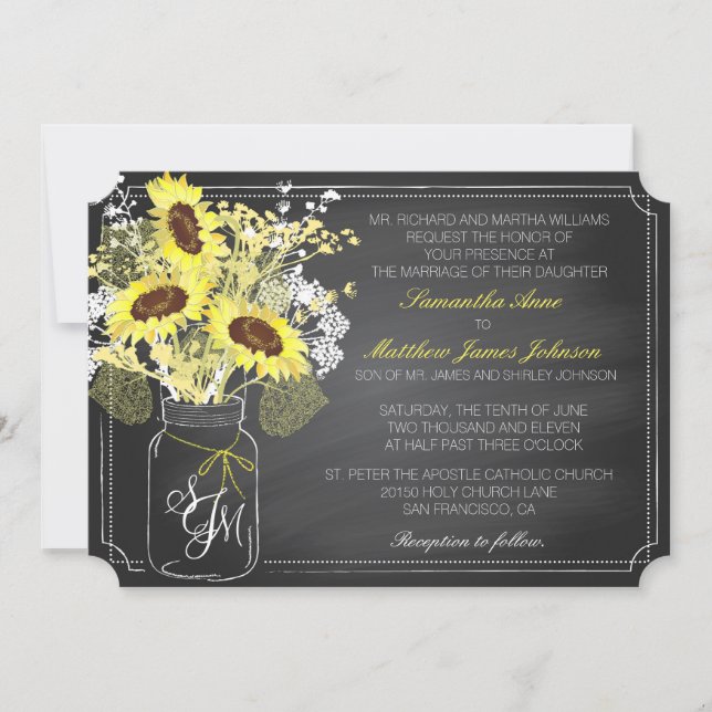 Sunflowers and Chalkboard Wedding Invitation Card (Front)