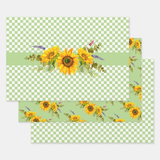 Sunflowers and Checkerboard Trio Wrapping Paper Sheets (Set)