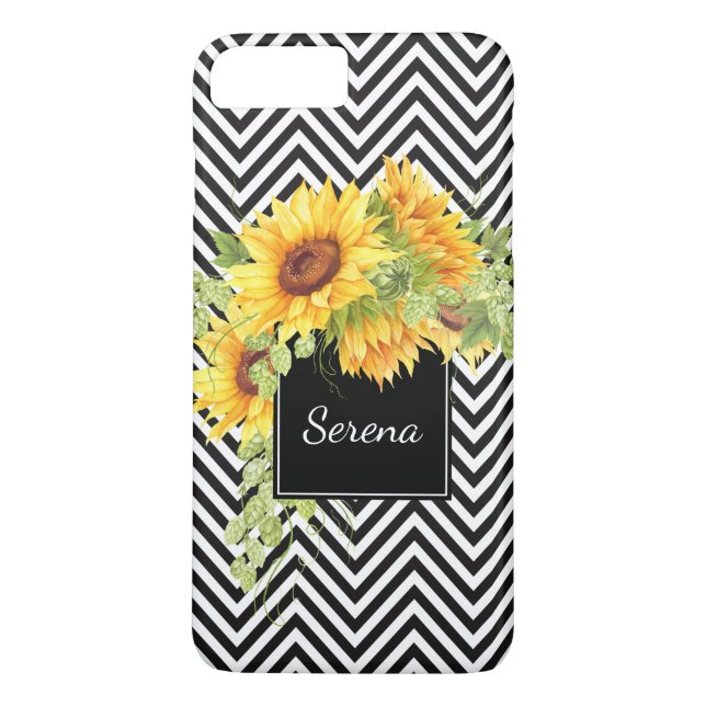 Sunflowers and Chevron Stripes Pattern with Name Case-Mate iPhone Case (Back)