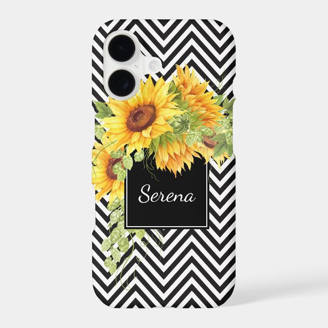 Sunflowers and Chevron Stripes Pattern with Name Iphone Case (Back)