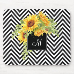 Sunflowers and Chevron Stripes with Your Monogram Mouse Pad