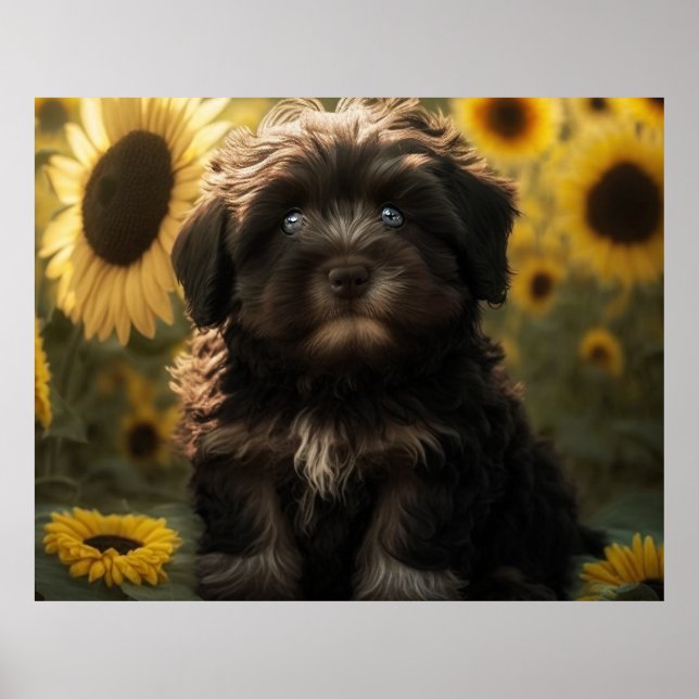 Sunflowers and Chocolate Havanese Puppy by HavaHug Poster (Front)