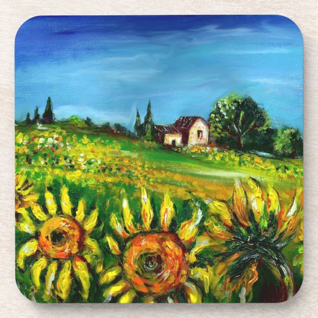 SUNFLOWERS AND COUNTRYSIDE IN TUSCANY BEVERAGE COASTER (Front)