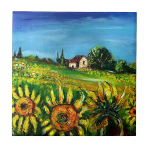 SUNFLOWERS AND COUNTRYSIDE IN TUSCANY CERAMIC TILE