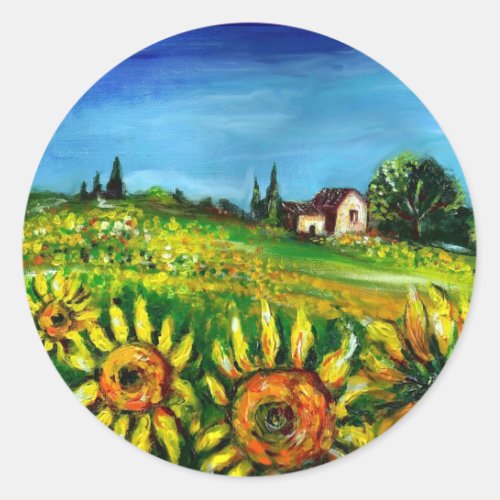 SUNFLOWERS AND COUNTRYSIDE IN TUSCANY CLASSIC ROUND STICKER