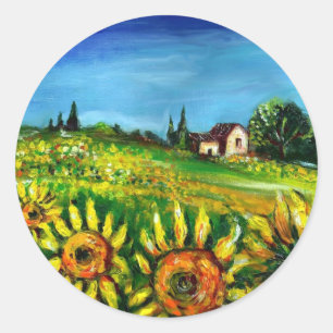 SUNFLOWERS AND COUNTRYSIDE IN TUSCANY CLASSIC ROUND STICKER
