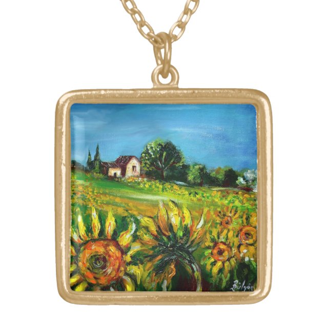 SUNFLOWERS AND COUNTRYSIDE IN TUSCANY GOLD PLATED NECKLACE (Front)
