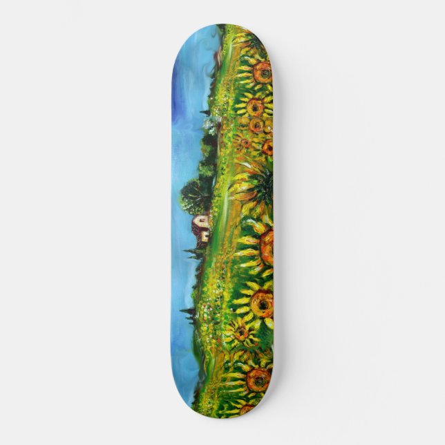 SUNFLOWERS AND COUNTRYSIDE IN TUSCANY, green Skateboard Deck (Front)