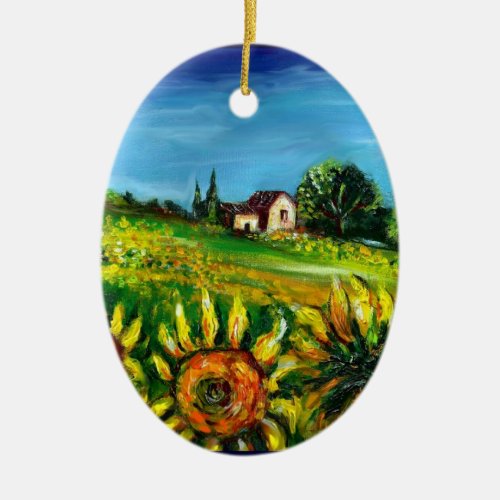 SUNFLOWERS AND COUNTRYSIDE IN TUSCANY Heart Ceramic Ornament