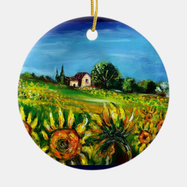 SUNFLOWERS AND COUNTRYSIDE IN TUSCANY Heart Ceramic Ornament (Front)
