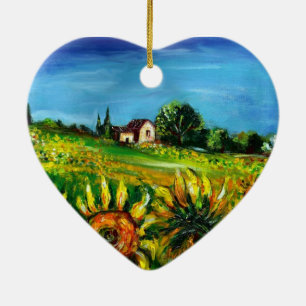 SUNFLOWERS AND COUNTRYSIDE IN TUSCANY Heart Ceramic Ornament