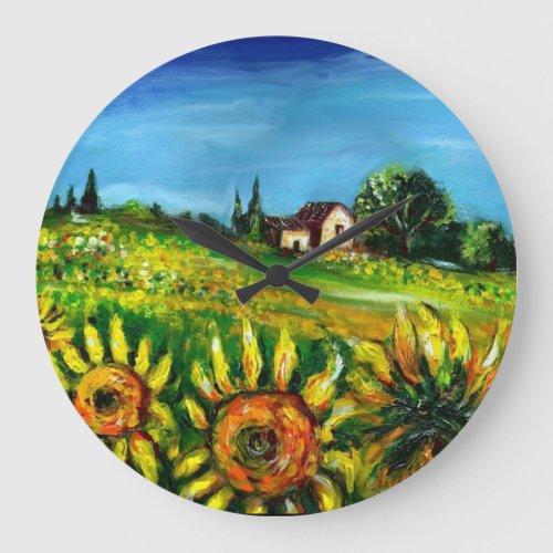 SUNFLOWERS AND COUNTRYSIDE IN TUSCANY LARGE CLOCK