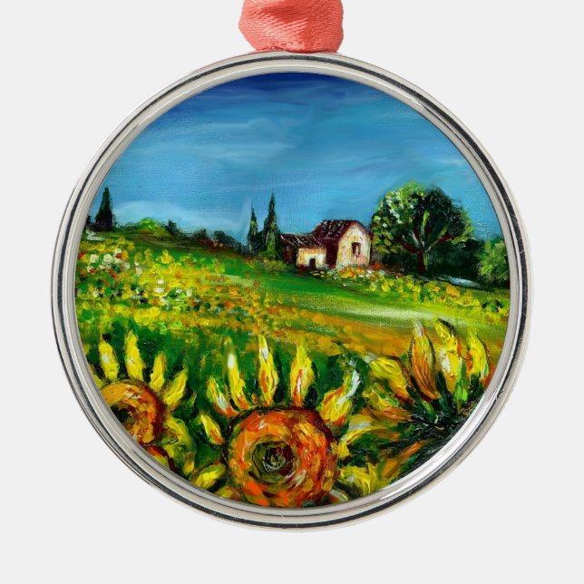 SUNFLOWERS AND COUNTRYSIDE IN TUSCANY METAL ORNAMENT (Front)