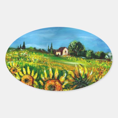 SUNFLOWERS AND COUNTRYSIDE IN TUSCANYovale Oval Sticker