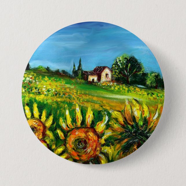 SUNFLOWERS AND COUNTRYSIDE IN TUSCANY PINBACK BUTTON (Front)