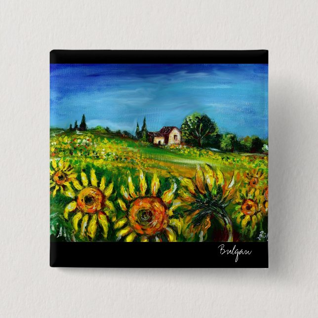 SUNFLOWERS AND COUNTRYSIDE IN TUSCANY PINBACK BUTTON (Front)