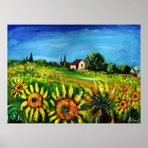 SUNFLOWERS AND COUNTRYSIDE IN TUSCANY POSTER