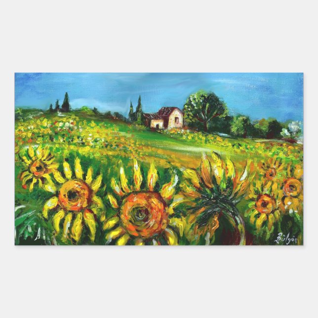 SUNFLOWERS AND COUNTRYSIDE IN TUSCANY RECTANGULAR STICKER (Front)