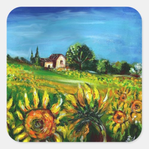 SUNFLOWERS AND COUNTRYSIDE IN TUSCANY SQUARE STICKER