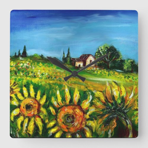 SUNFLOWERS AND COUNTRYSIDE IN TUSCANY SQUARE WALL CLOCK