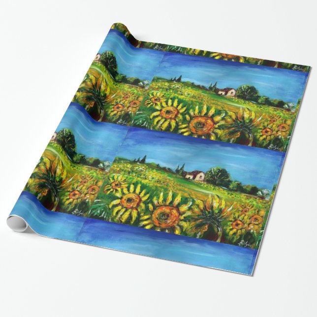 SUNFLOWERS AND COUNTRYSIDE IN TUSCANY WRAPPING PAPER (Unrolled)