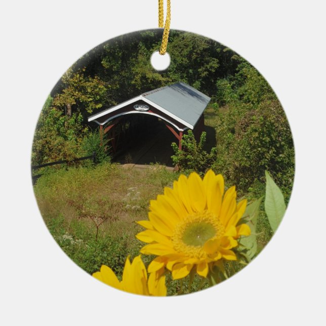 Sunflowers and Cover bridge Ceramic Ornament (Front)