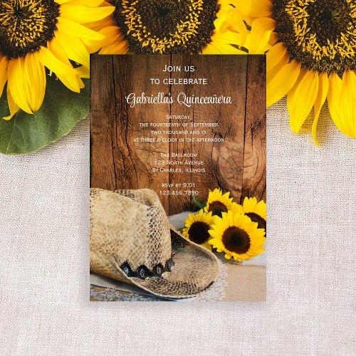 Sunflowers and Cowboy Hat Quinceaera Barn Party  Invitation