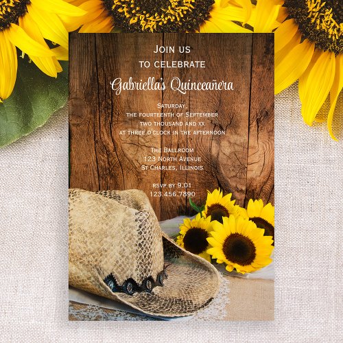 Sunflowers and Cowboy Hat Quinceaera Barn Party  Invitation