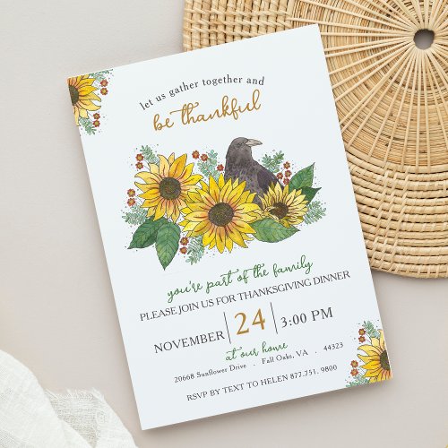 Sunflowers and Crow Thankful Thanksgiving Dinner Invitation