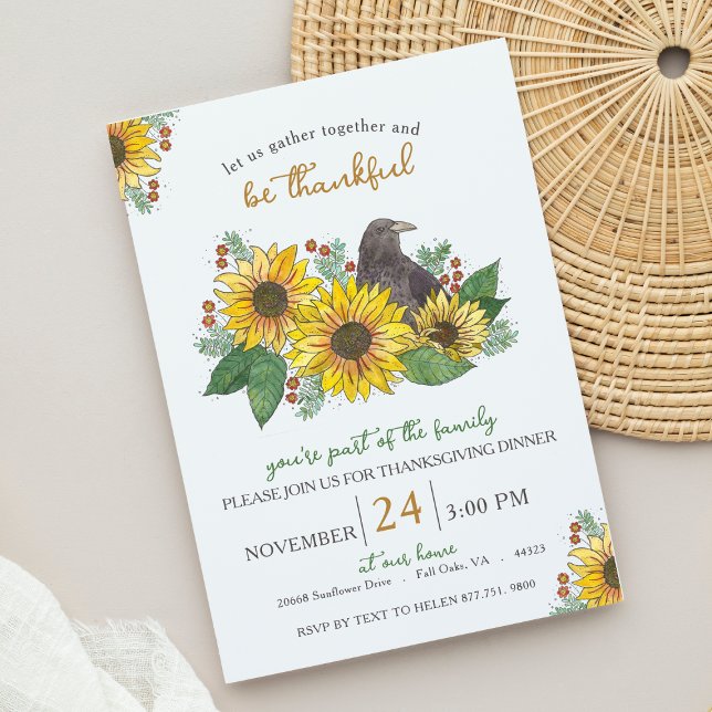 Sunflowers and Crow Thankful Thanksgiving Dinner Invitation (Creator Uploaded)