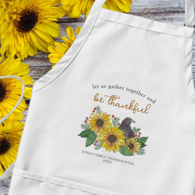 Sunflowers and Crow Thankful Thanksgiving Family Adult Apron (Creator Uploaded)