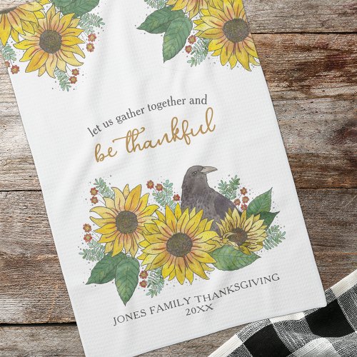 Sunflowers and Crow Thankful Thanksgiving Family Kitchen Towel