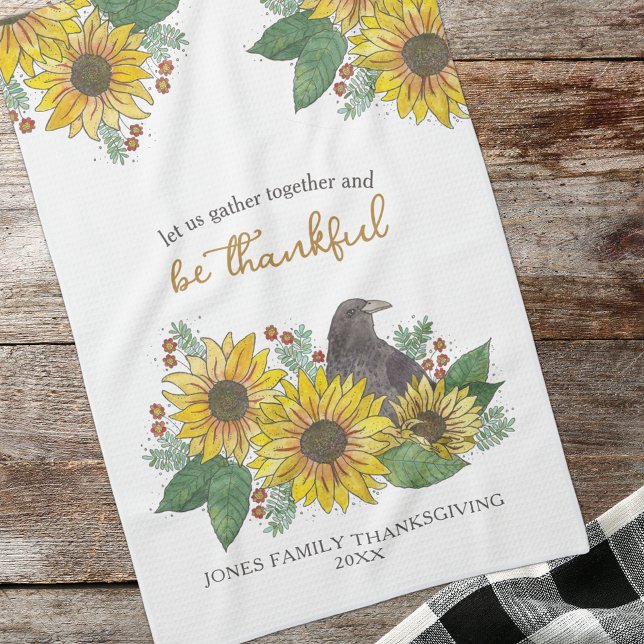 Sunflowers and Crow Thankful Thanksgiving Family Kitchen Towel (Creator Uploaded)