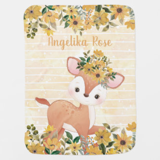 Sunflowers and Cute Fawn Baby Blanket with Name