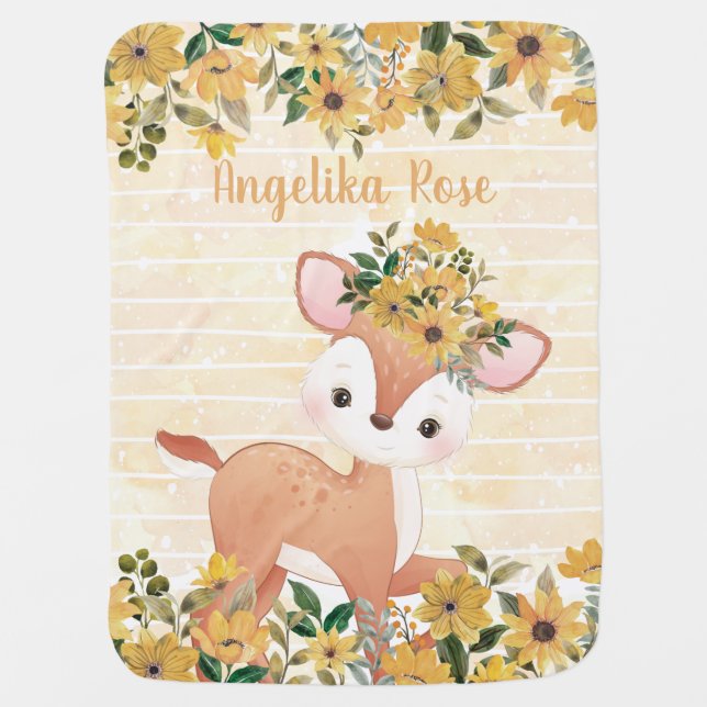 Sunflowers and Cute Fawn Baby Blanket with Name (Front)