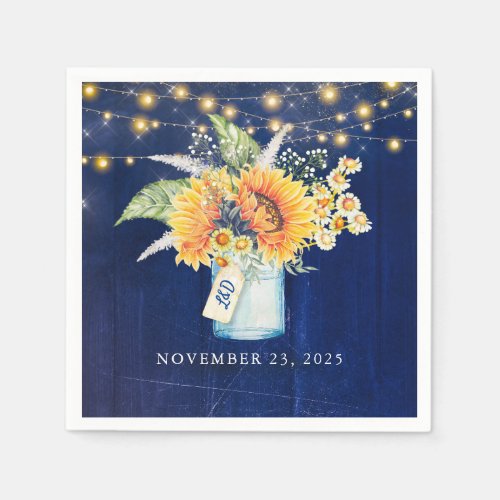 Sunflowers and Daisies Navy Blue Rustic Mason Jar Napkins