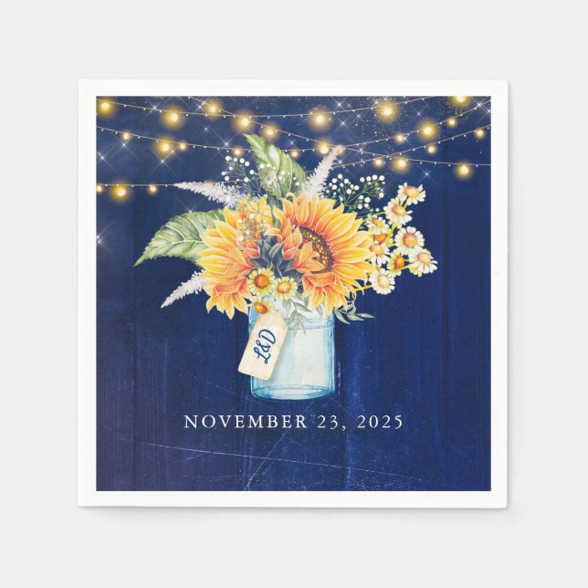 Sunflowers and Daisies Navy Blue Rustic Mason Jar Napkins (Front)