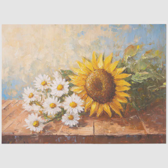 Sunflowers and Daisies on Rustic Table Decoupage Tissue Paper | Zazzle