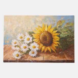 Sunflowers and Daisies on Rustic Table Doormat