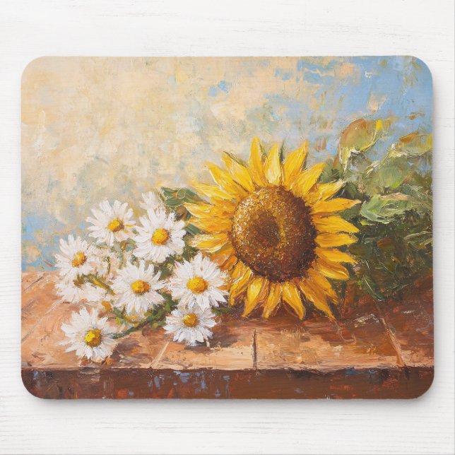 Sunflowers and Daisies on Rustic Table Mouse Pad (Front)